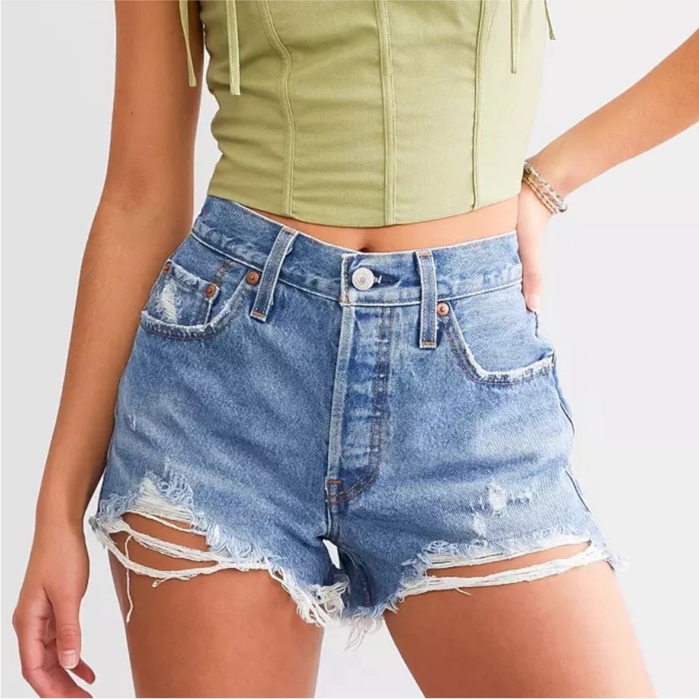 Levi’s 501 Premium Original Fit High Rise Shorts Athens Medium Wash Blue Cotton